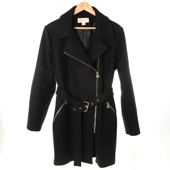 Michael Kors Black Wool Blend Zip Belted Gold Accents Coat Jacket Womens 2XL - Picture 1 of 12